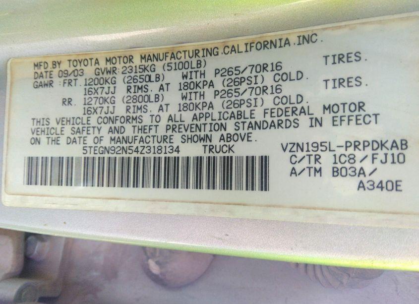Photo 9 of 2004 Toyota Tacoma PRERUNNER V6 (VIN 5TEGN92N54Z318134)