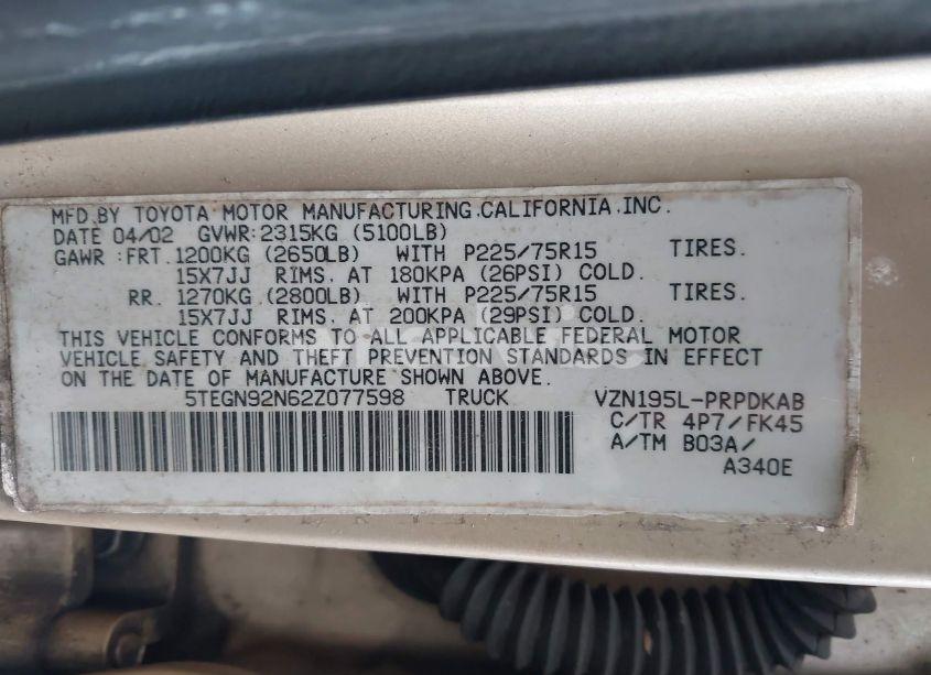 Photo 9 of 2002 Toyota Tacoma PRERUNNER V6 (VIN 5TEGN92N62Z077598)