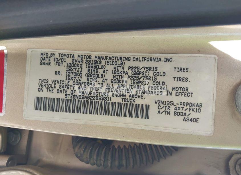 Photo 9 of 2002 Toyota Tacoma PRERUNNER V6 (VIN 5TEGN92N62Z893811)