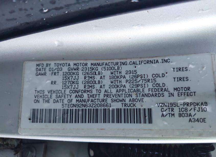 Photo 9 of 2003 Toyota Tacoma PRERUNNER V6 (VIN 5TEGN92N63Z208661)