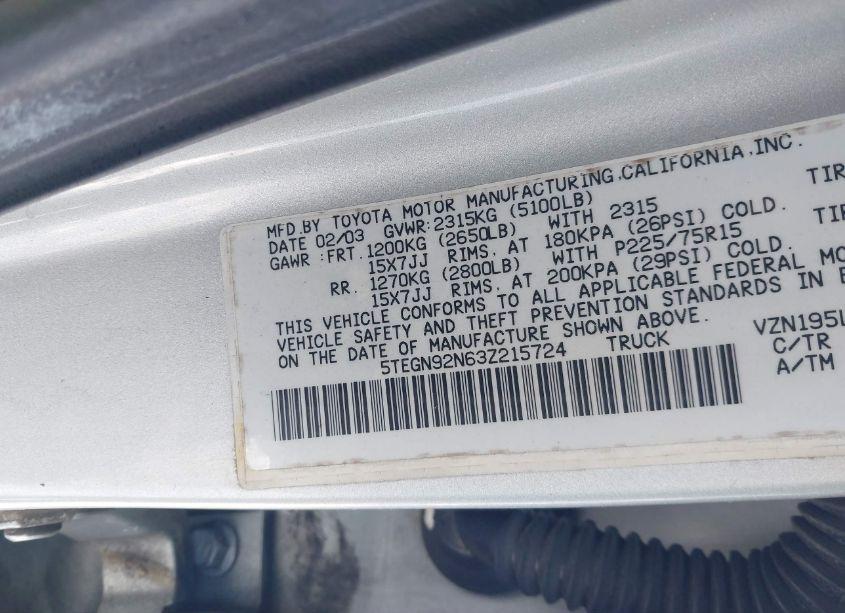 Photo 9 of 2003 Toyota Tacoma PRERUNNER V6 (VIN 5TEGN92N63Z215724)