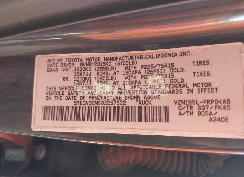 Photo 9 of 2003 Toyota Tacoma PRERUNNER V6 (VIN 5TEGN92N63Z257522)