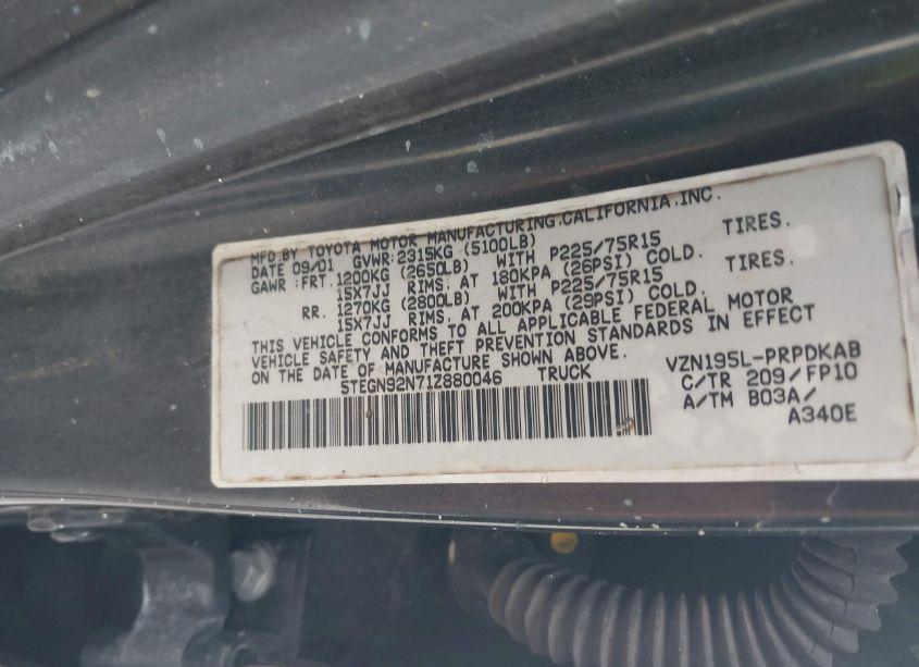 Photo 9 of 2001 Toyota Tacoma PRERUNNER (VIN 5TEGN92N71Z880046)