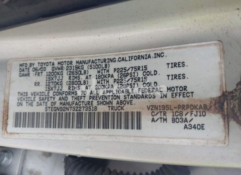 Photo 9 of 2003 Toyota Tacoma PRERUNNER V6 (VIN 5TEGN92N73Z273518)