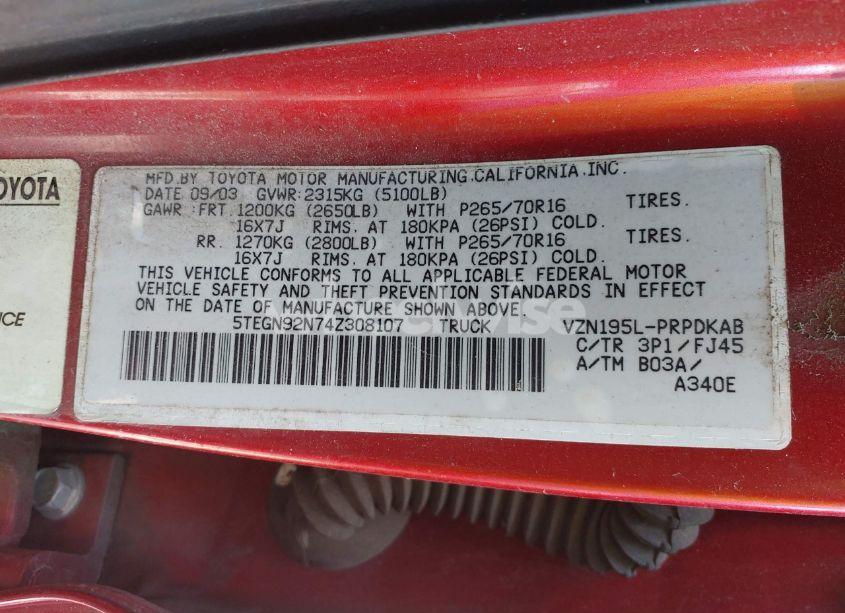 Photo 9 of 2004 Toyota Tacoma PRERUNNER V6 (VIN 5TEGN92N74Z308107)