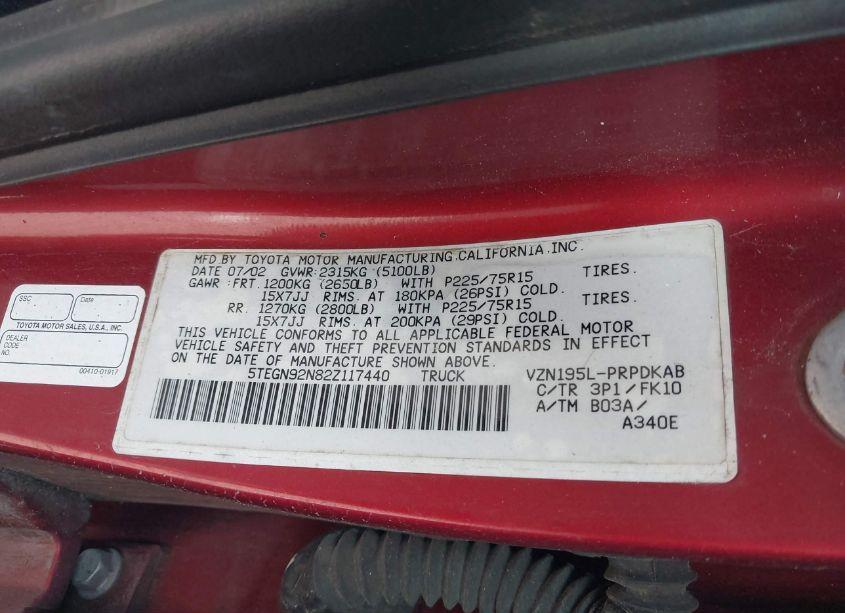 Photo 9 of 2002 Toyota Tacoma PRERUNNER V6 (VIN 5TEGN92N82Z117440)