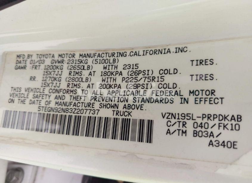 Photo 9 of 2003 Toyota Tacoma PRERUNNER V6 (VIN 5TEGN92N83Z207737)