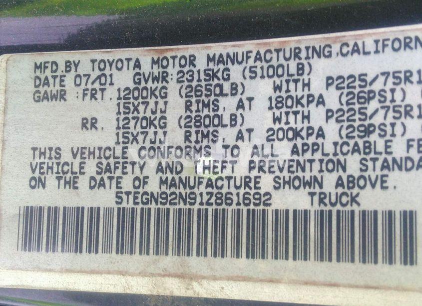 Photo 9 of 2001 Toyota Tacoma PRERUNNER V6 (VIN 5TEGN92N91Z861692)