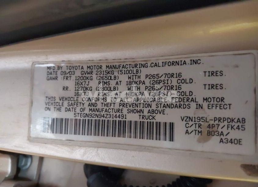 Photo 9 of 2004 Toyota Tacoma PRERUNNER V6 (VIN 5TEGN92N94Z314491)
