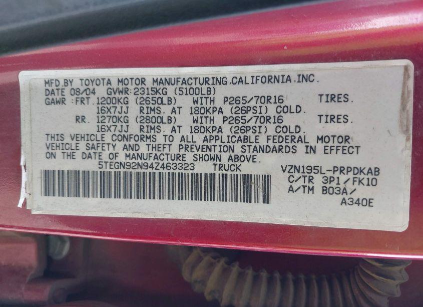Photo 9 of 2004 Toyota Tacoma PRERUNNER V6 (VIN 5TEGN92N94Z463323)