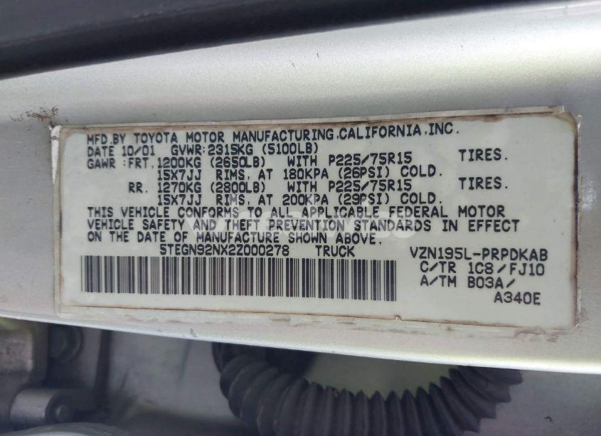 Photo 9 of 2002 Toyota Tacoma PRERUNNER V6 (VIN 5TEGN92NX2Z000278)