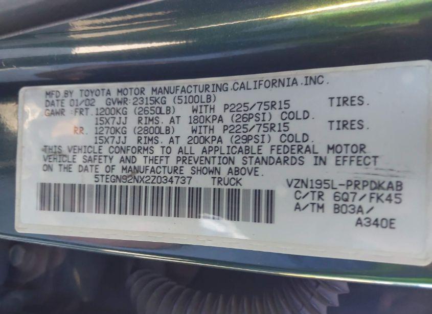 Photo 9 of 2002 Toyota Tacoma PRERUNNER V6 (VIN 5TEGN92NX2Z034737)