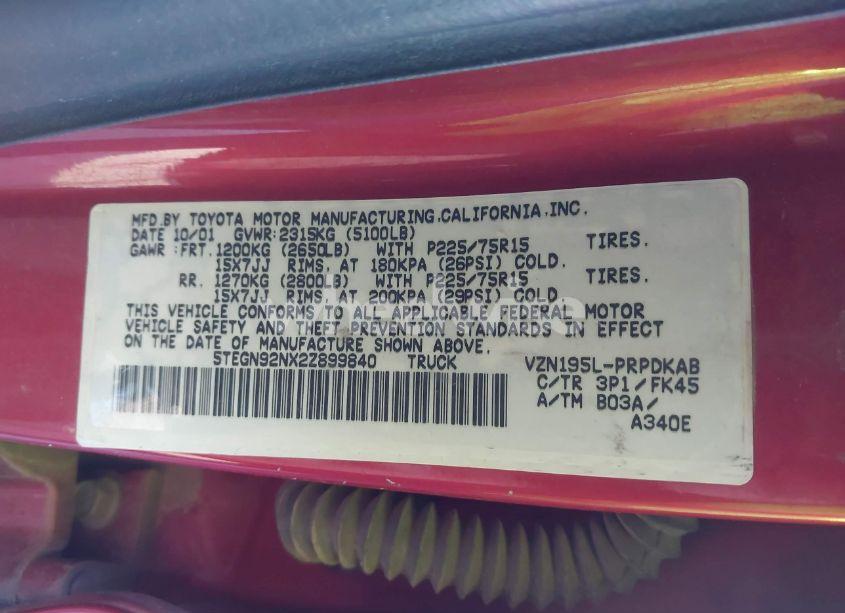 Photo 9 of 2002 Toyota Tacoma PRERUNNER V6 (VIN 5TEGN92NX2Z899840)