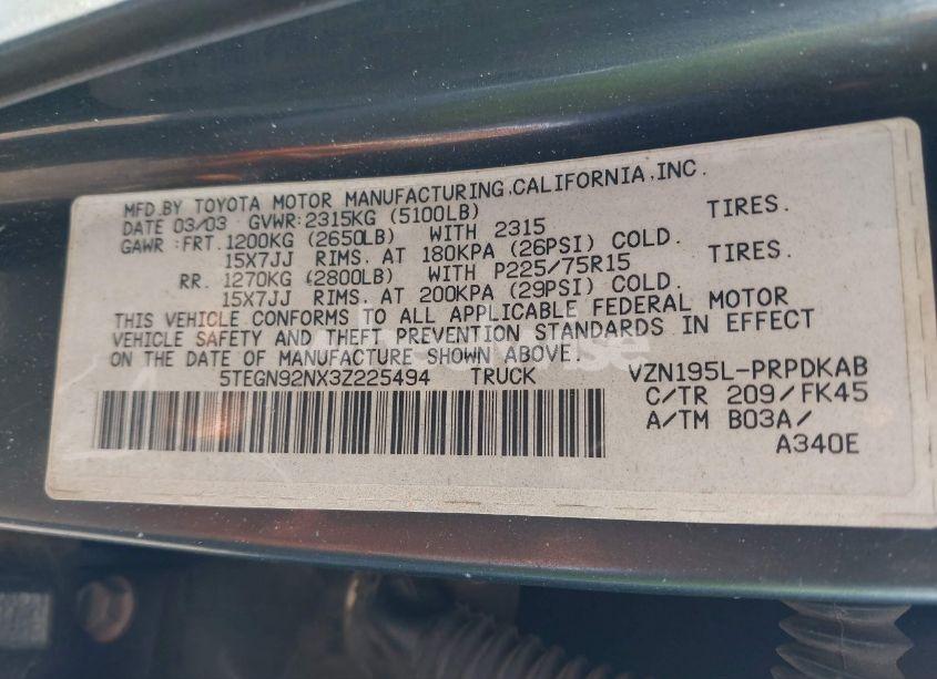 Photo 9 of 2003 Toyota Tacoma PRERUNNER V6 (VIN 5TEGN92NX3Z225494)
