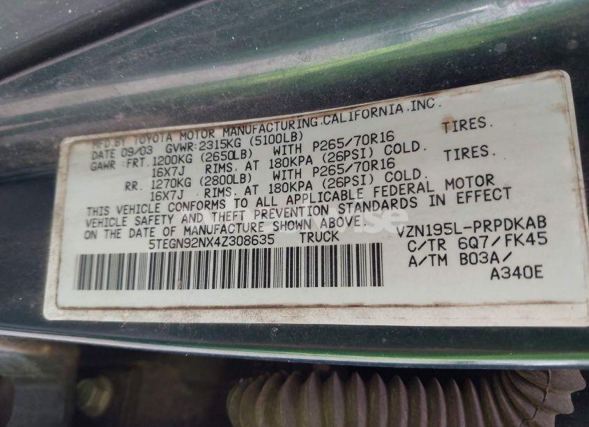 Photo 9 of 2004 Toyota Tacoma PRERUNNER V6 (VIN 5TEGN92NX4Z308635)