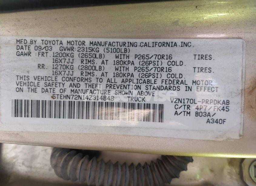 Photo 9 of 2004 Toyota Tacoma BASE V6 (VIN 5TEHN72N14Z314848)