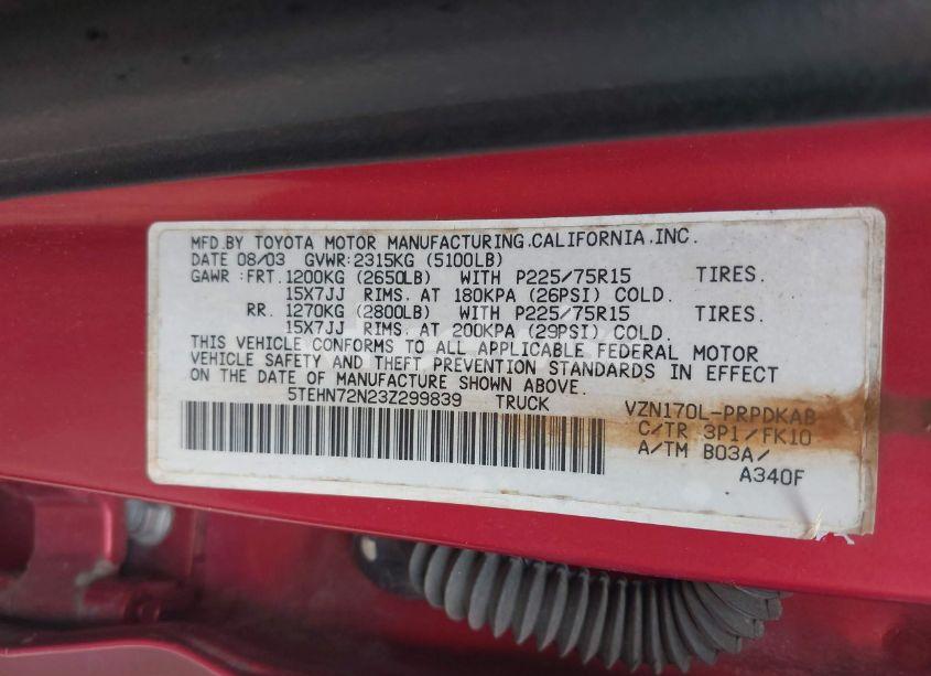 Photo 9 of 2003 Toyota Tacoma BASE V6 (VIN 5TEHN72N23Z299839)