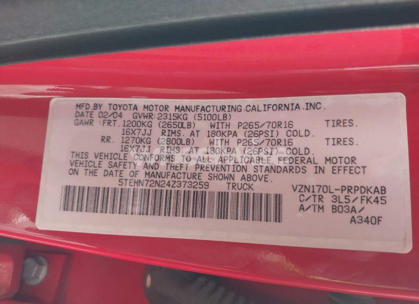 Photo 9 of 2004 Toyota Tacoma BASE V6 (VIN 5TEHN72N24Z373259)