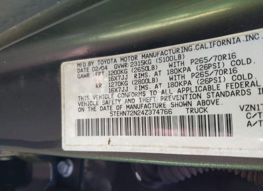 Photo 9 of 2004 Toyota Tacoma BASE V6 (VIN 5TEHN72N24Z374766)