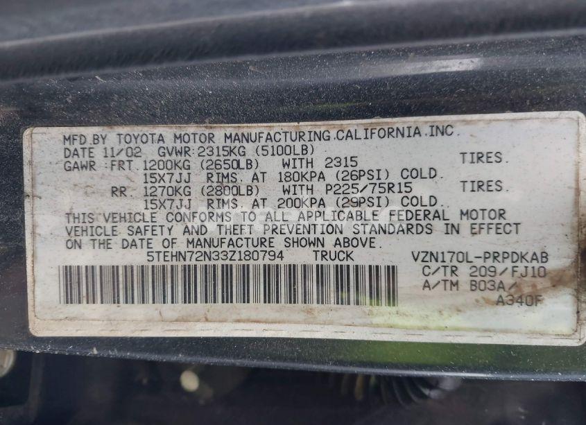 Photo 9 of 2003 Toyota Tacoma BASE V6 (VIN 5TEHN72N33Z180794)