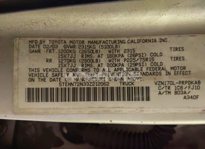 Photo 9 of 2003 Toyota Tacoma BASE V6 (VIN 5TEHN72N33Z212062)