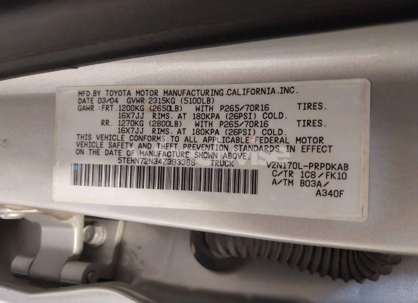 Photo 9 of 2004 Toyota Tacoma BASE V6 (VIN 5TEHN72N34Z393388)