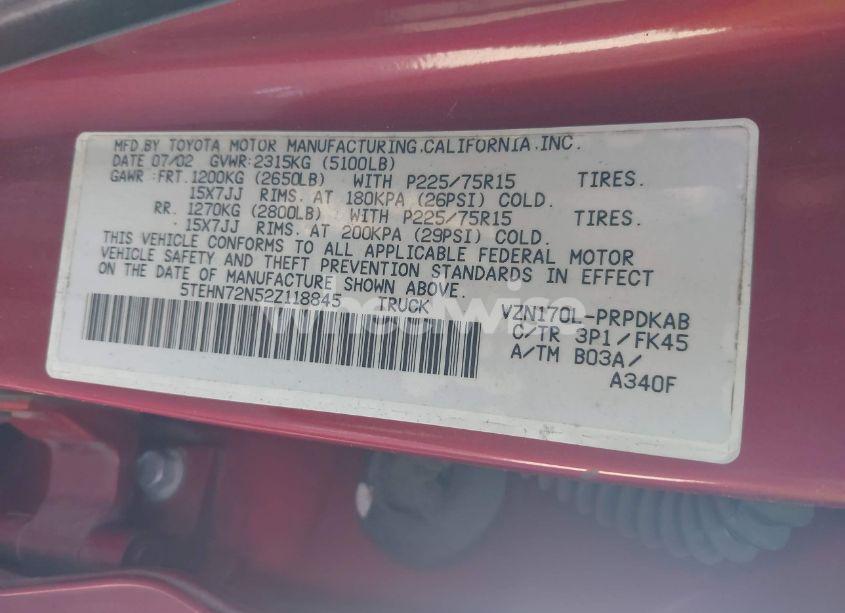 Photo 9 of 2002 Toyota Tacoma BASE V6 (VIN 5TEHN72N52Z118845)