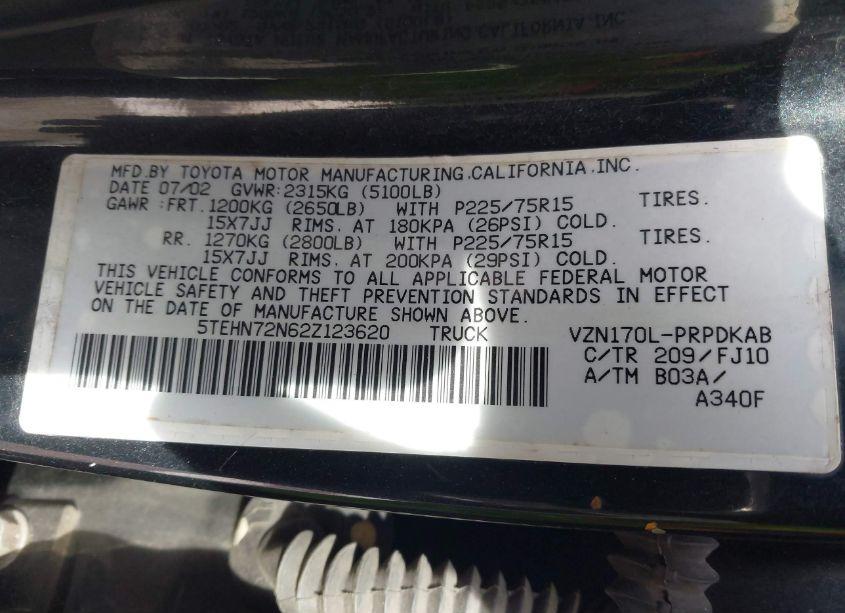 Photo 9 of 2002 Toyota Tacoma BASE V6 (VIN 5TEHN72N62Z123620)