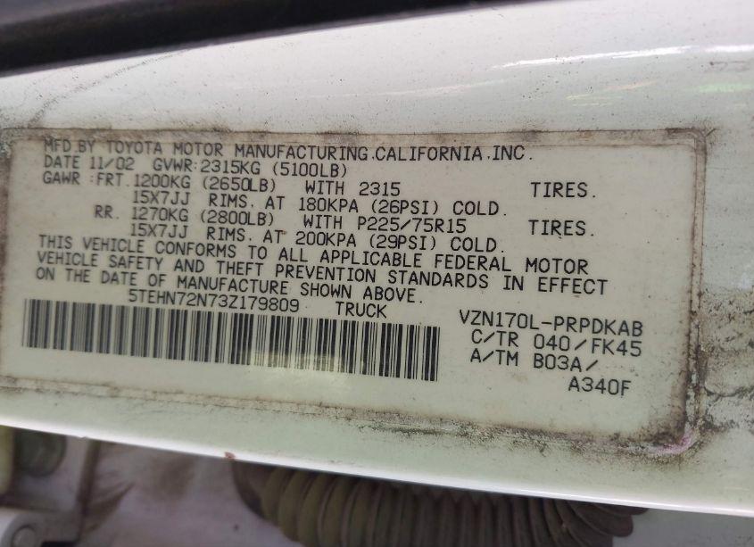 Photo 9 of 2003 Toyota Tacoma BASE V6 (VIN 5TEHN72N73Z179809)