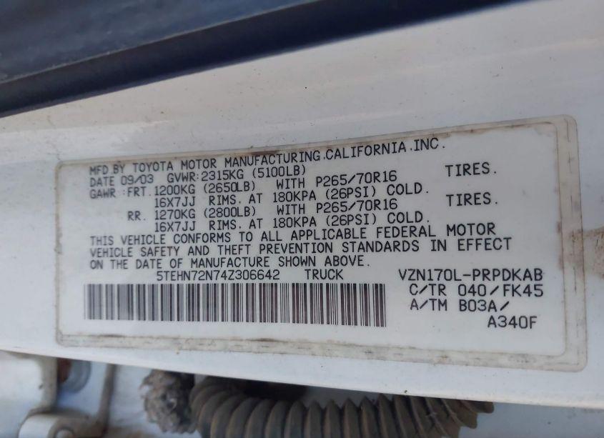 Photo 9 of 2004 Toyota Tacoma BASE V6 (VIN 5TEHN72N74Z306642)