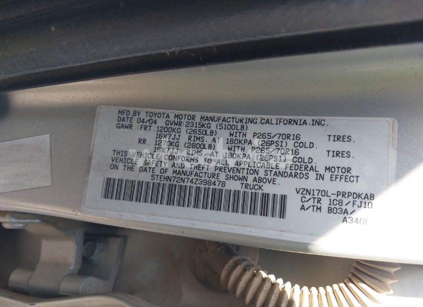 Photo 9 of 2004 Toyota Tacoma BASE V6 (VIN 5TEHN72N74Z398478)