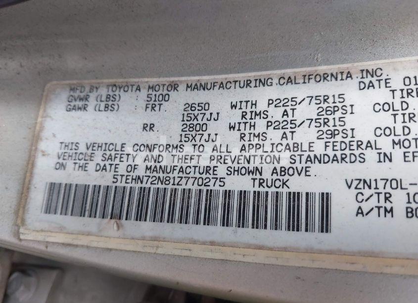 Photo 9 of 2001 Toyota Tacoma BASE V6 (VIN 5TEHN72N81Z770275)
