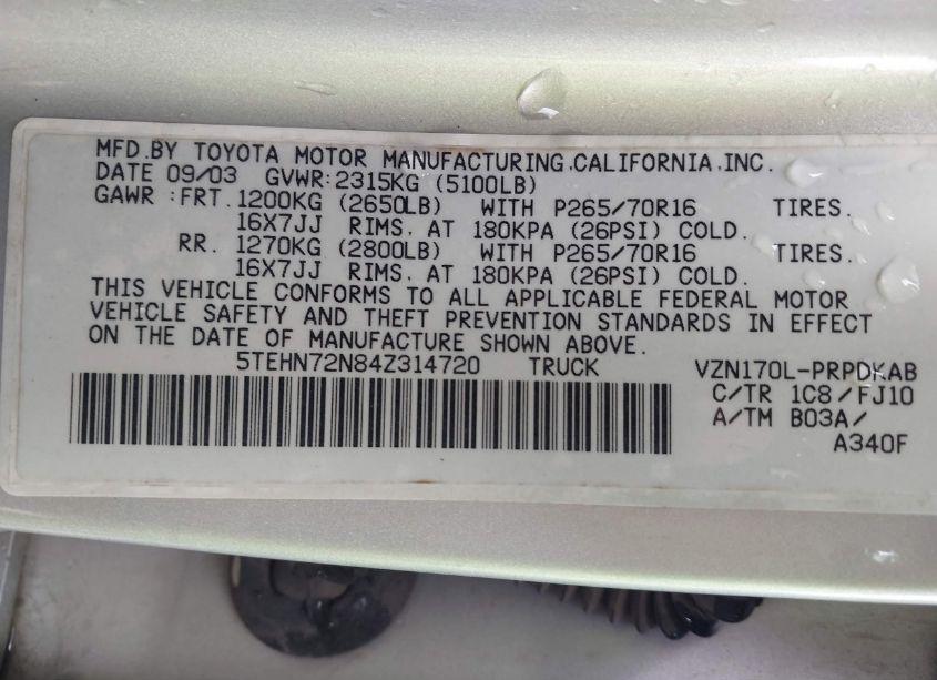 Photo 9 of 2004 Toyota Tacoma BASE V6 (VIN 5TEHN72N84Z314720)