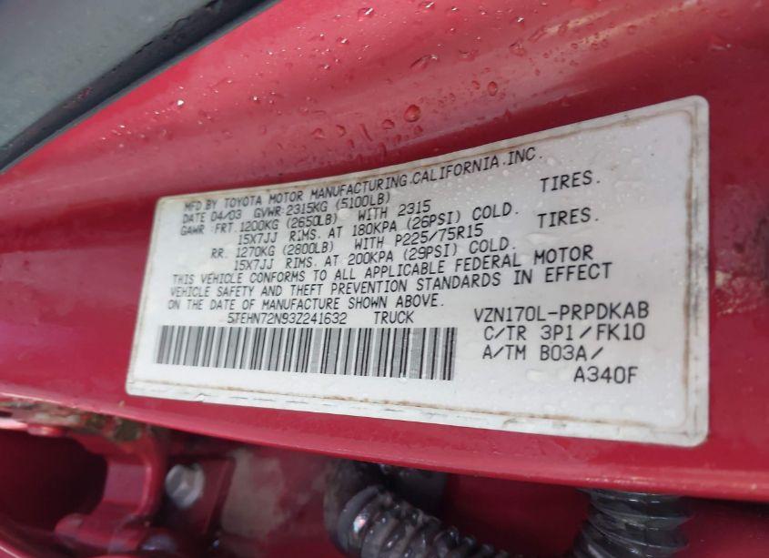 Photo 9 of 2003 Toyota Tacoma BASE V6 (VIN 5TEHN72N93Z241632)
