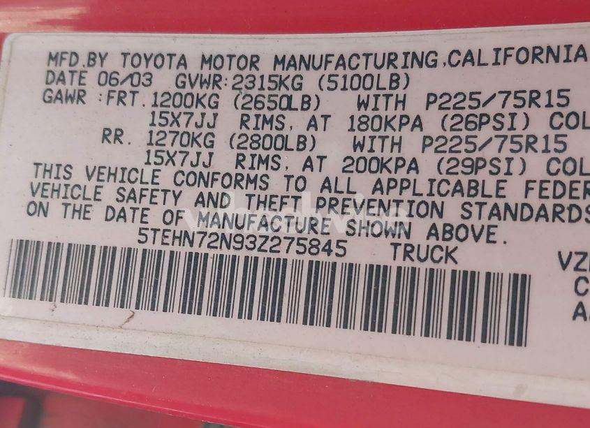Photo 12 of 2003 Toyota Tacoma BASE V6 (VIN 5TEHN72N93Z275845)