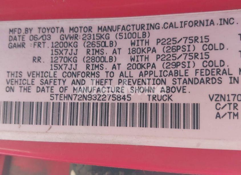 Photo 9 of 2003 Toyota Tacoma BASE V6 (VIN 5TEHN72N93Z275845)