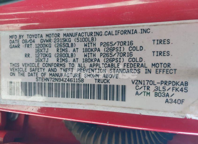 Photo 9 of 2004 Toyota Tacoma BASE V6 (VIN 5TEHN72N94Z461158)
