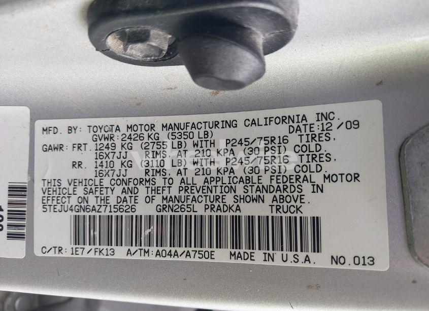 Photo 9 of 2010 Toyota Tacoma PRERUNNER V6 (VIN 5TEJU4GN6AZ715626)