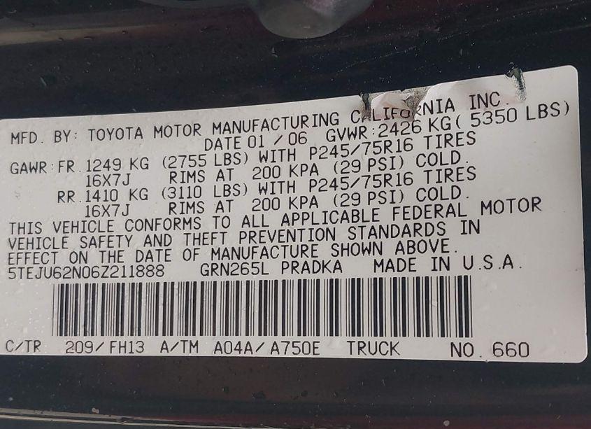 Photo 9 of 2006 Toyota Tacoma PRERUNNER V6 (VIN 5TEJU62N06Z211888)