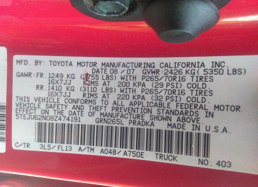 Photo 9 of 2008 Toyota Tacoma DOUBLE CAB PRERUNNER (VIN 5TEJU62N08Z474191)