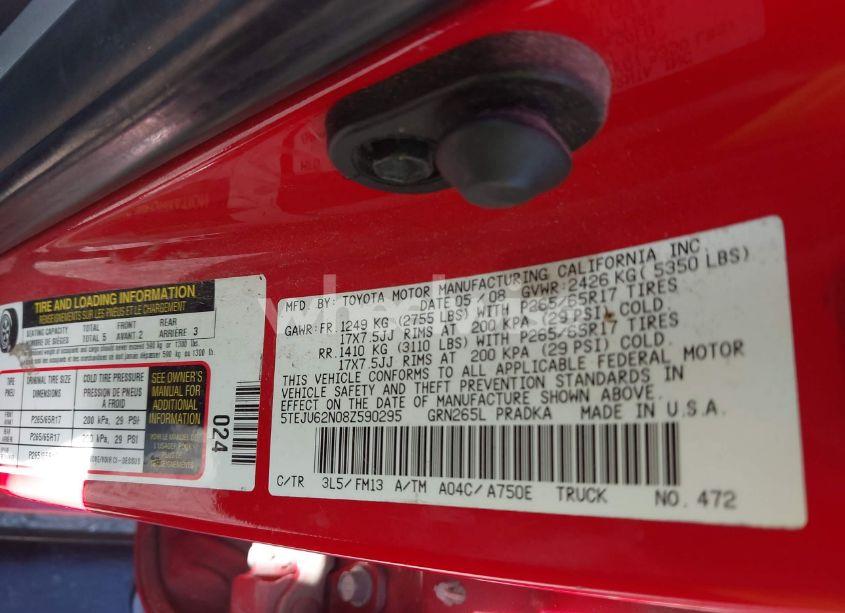 Photo 9 of 2008 Toyota Tacoma PRERUNNER V6 (VIN 5TEJU62N08Z590295)