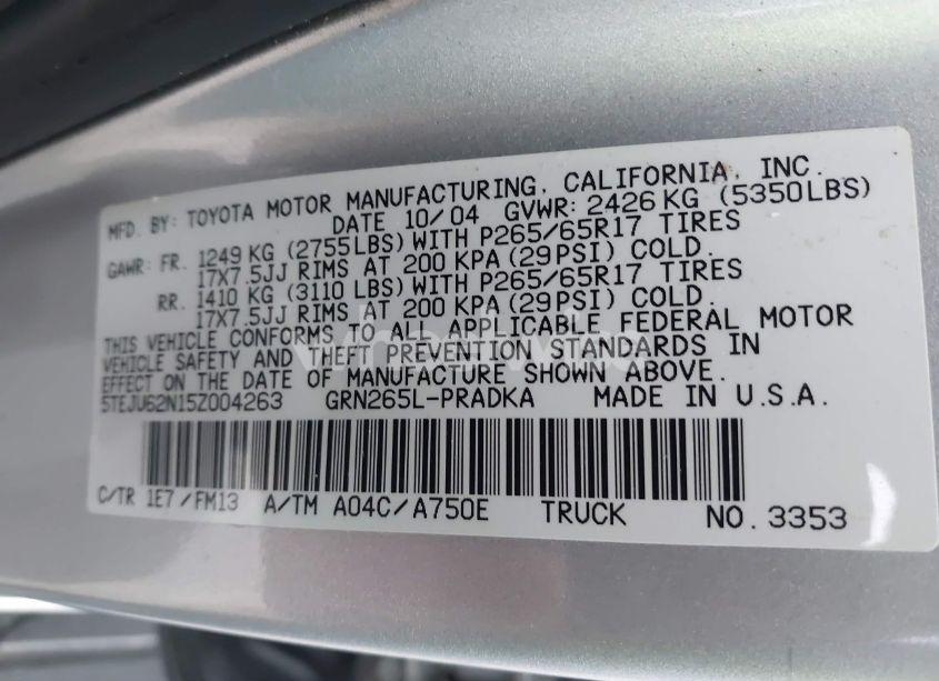 Photo 9 of 2005 Toyota Tacoma DOUBLE CAB PRERUNNER (VIN 5TEJU62N15Z004263)