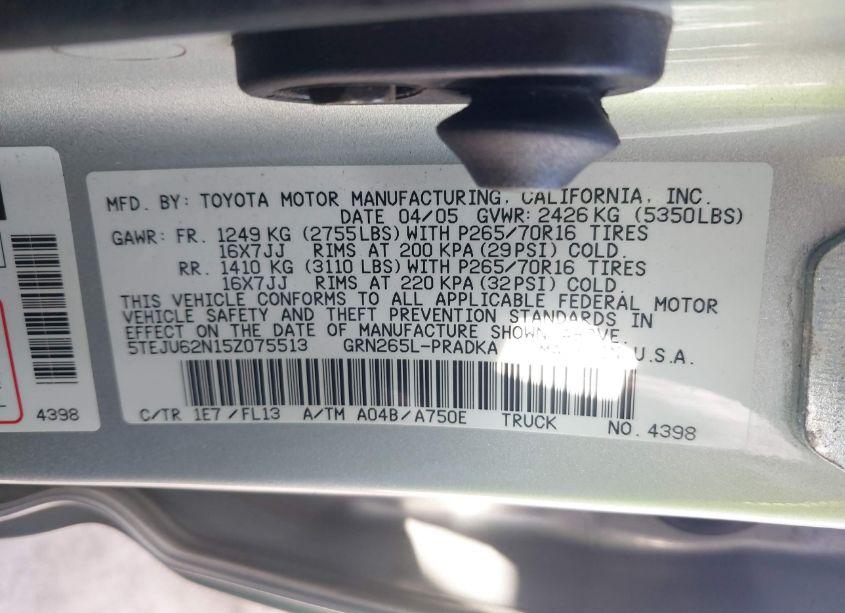 Photo 9 of 2005 Toyota Tacoma DOUBLE CAB PRERUNNER (VIN 5TEJU62N15Z075513)