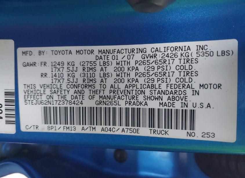 Photo 9 of 2007 Toyota Tacoma DOUBLE CAB PRERUNNER (VIN 5TEJU62N17Z378424)