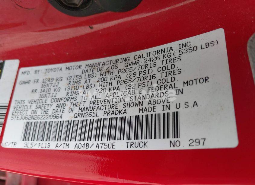 Photo 9 of 2006 Toyota Tacoma PRERUNNER V6 (VIN 5TEJU62N26Z220964)