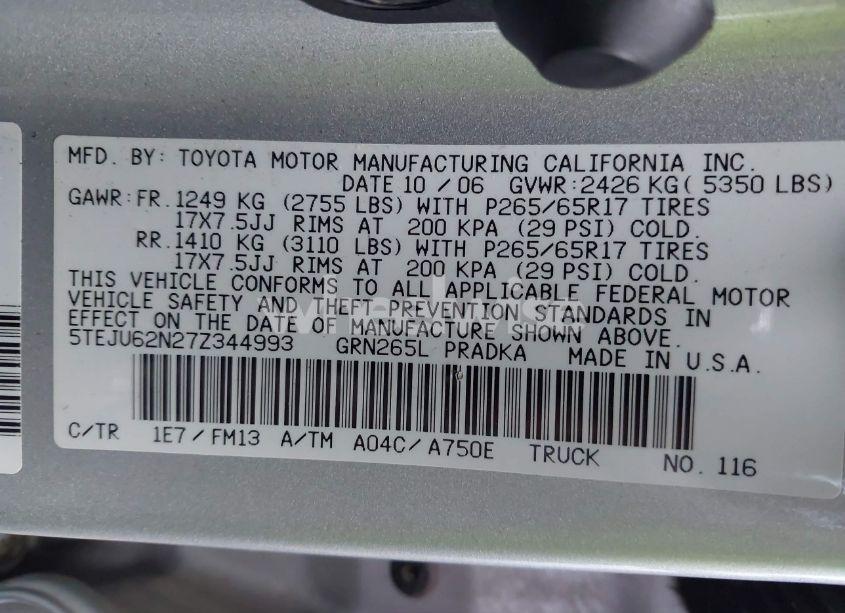 Photo 9 of 2007 Toyota Tacoma DOUBLE CAB PRERUNNER (VIN 5TEJU62N27Z344993)