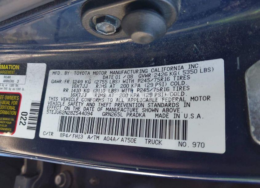 Photo 9 of 2008 Toyota Tacoma PRERUNNER V6 (VIN 5TEJU62N28Z544094)