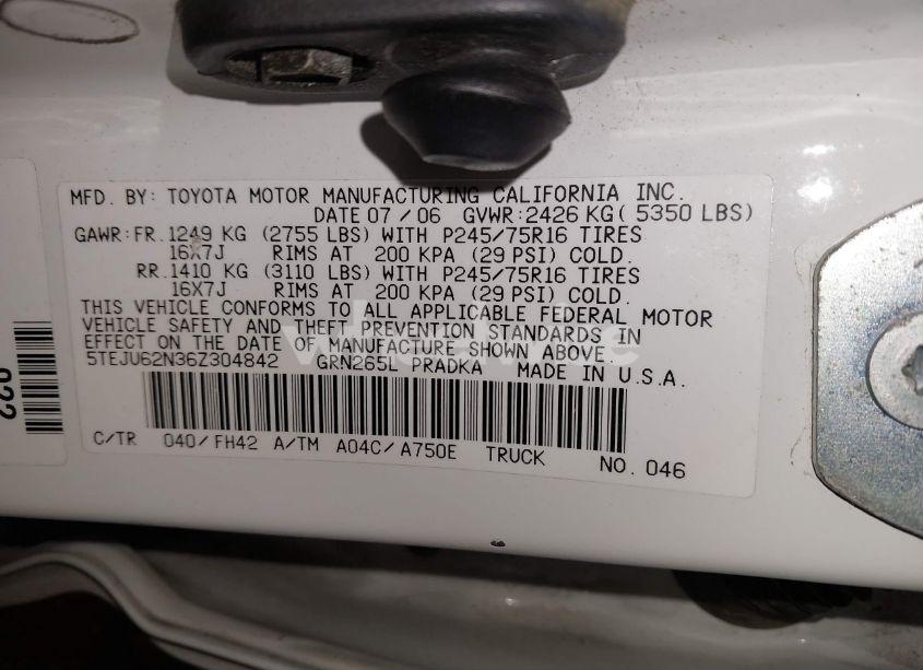 Photo 9 of 2006 Toyota Tacoma PRERUNNER V6 (VIN 5TEJU62N36Z304842)
