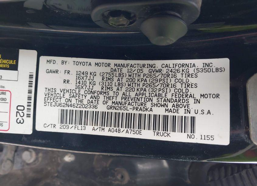 Photo 9 of 2006 Toyota Tacoma PRERUNNER V6 (VIN 5TEJU62N46Z202336)