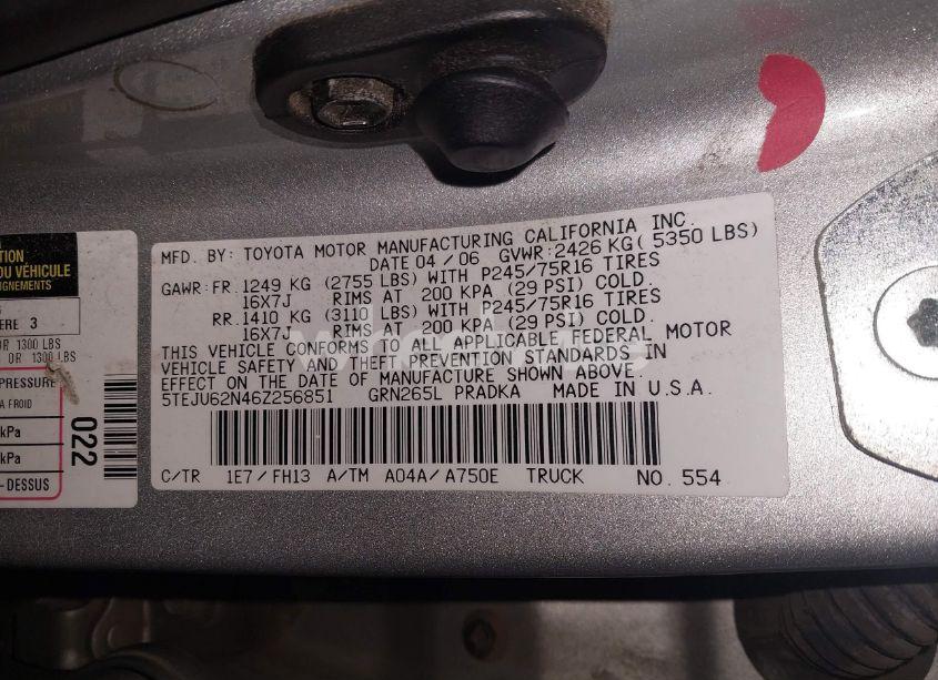 Photo 9 of 2006 Toyota Tacoma PRERUNNER V6 (VIN 5TEJU62N46Z256851)